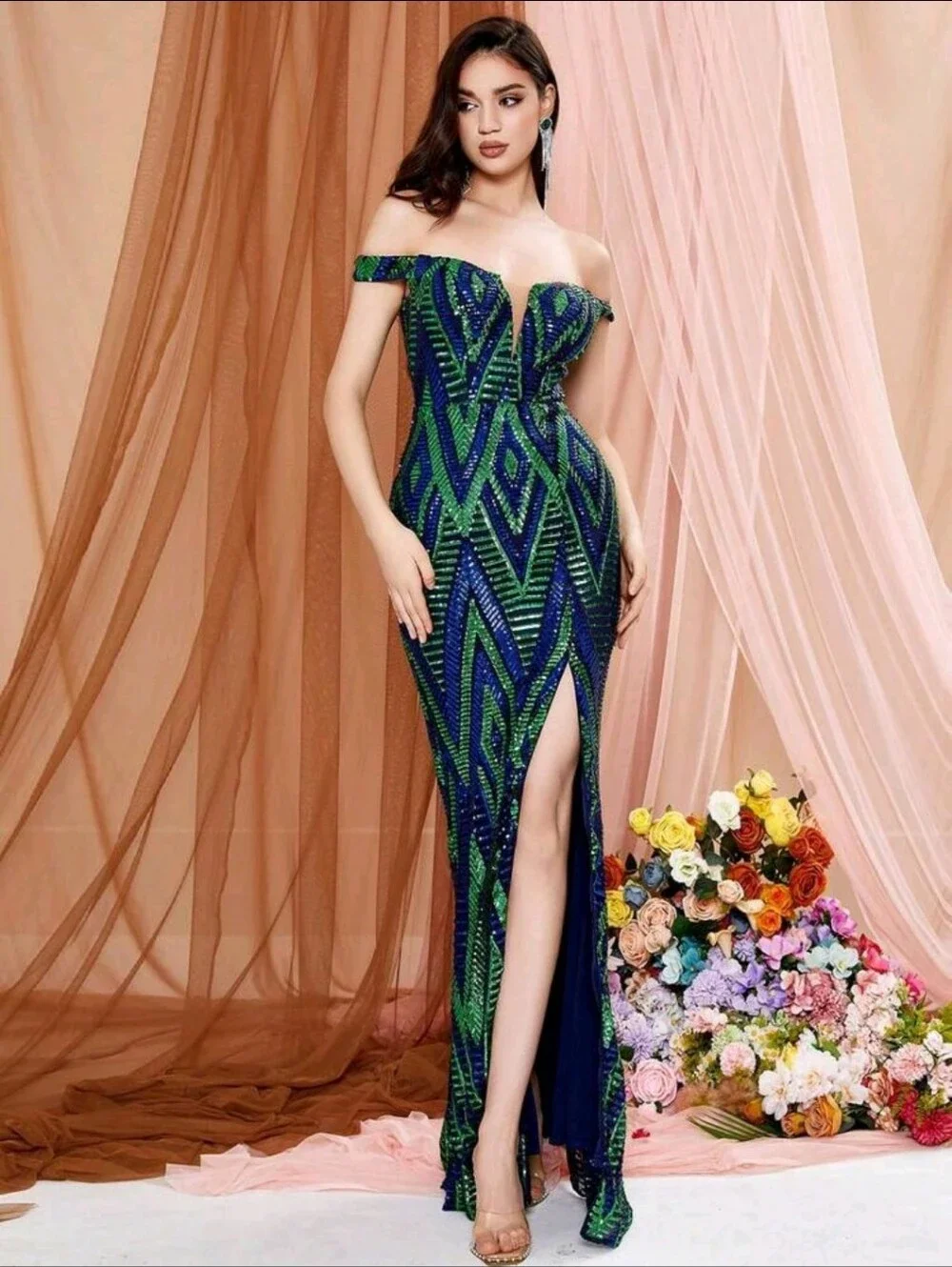 Off-Shoulder Navy and Green Sequin Evening Gown
